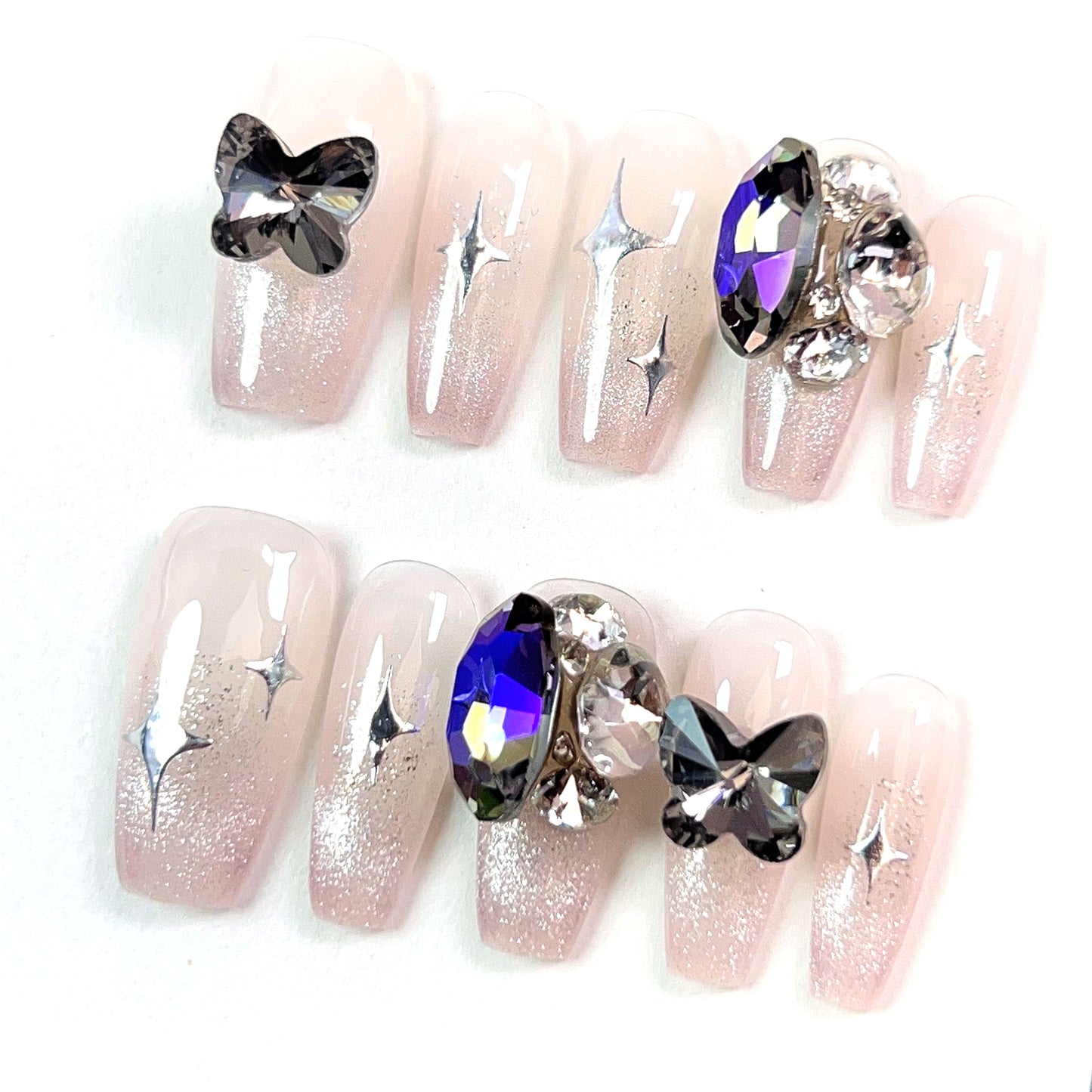 White Mid Length Crystal Butterfly Embossed Press-on Nails