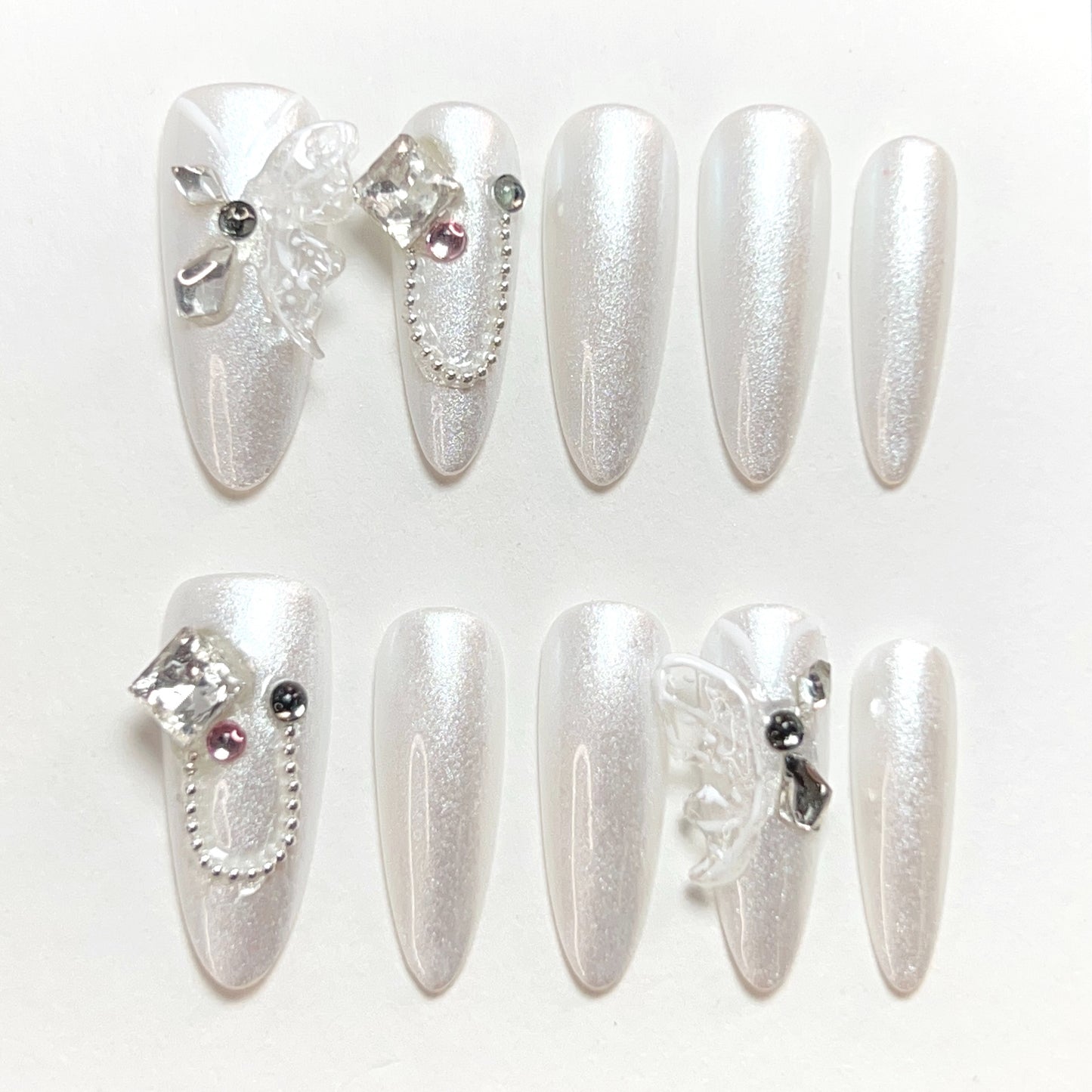 Silver White Long Almond Butterfly Diamond Press-on Nails