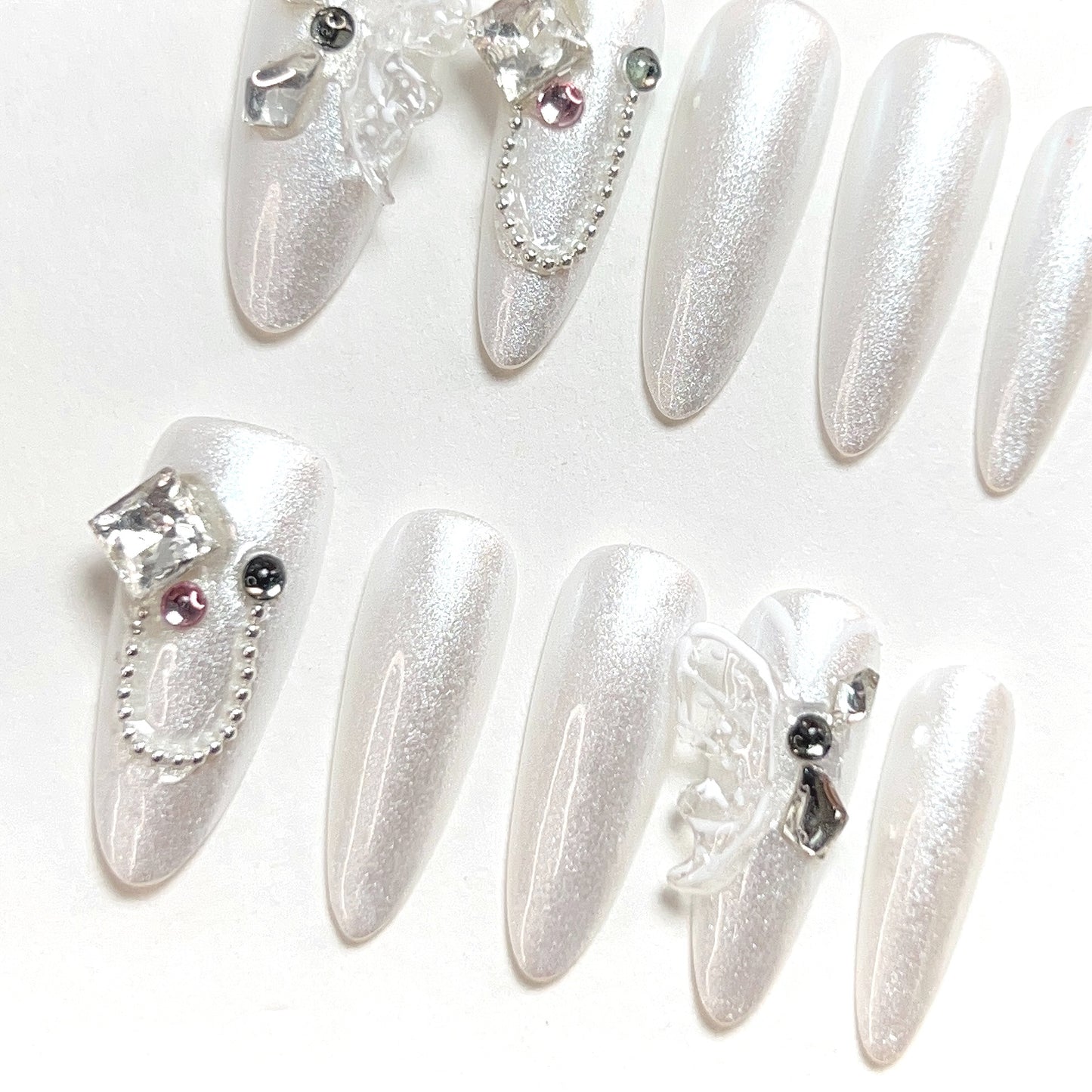 Silver White Long Almond Butterfly Diamond Press-on Nails