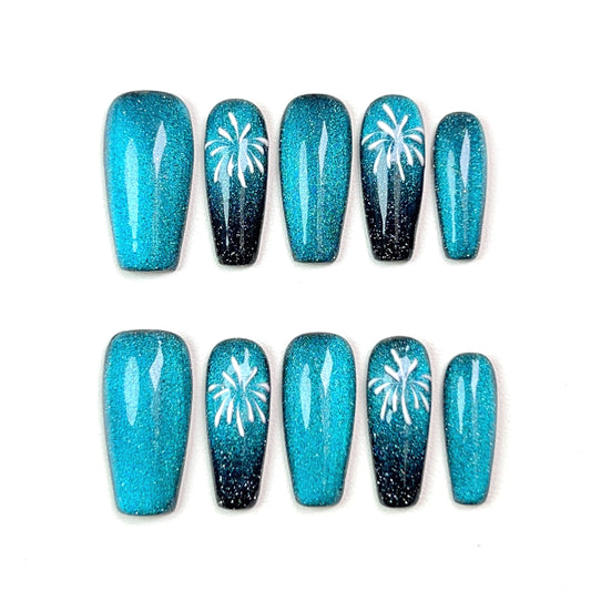 Blue Mid Length Fireworks Cat Eye Press-on Nails