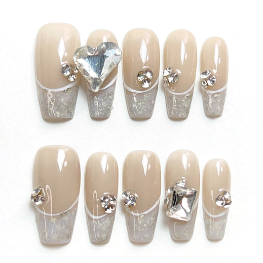 Nude Pink Mid Length French Heart Diamond Press-on Nails