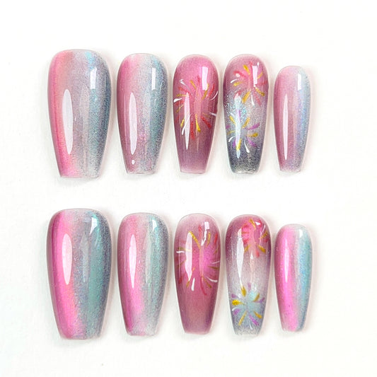 Streamer Powder Mid Length  Fireworks Cat Eye Press-on Nails