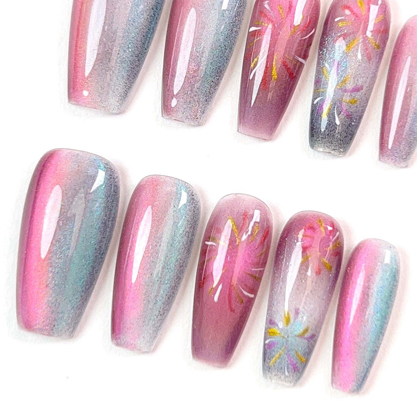 Streamer Powder Mid Length  Fireworks Cat Eye Press-on Nails