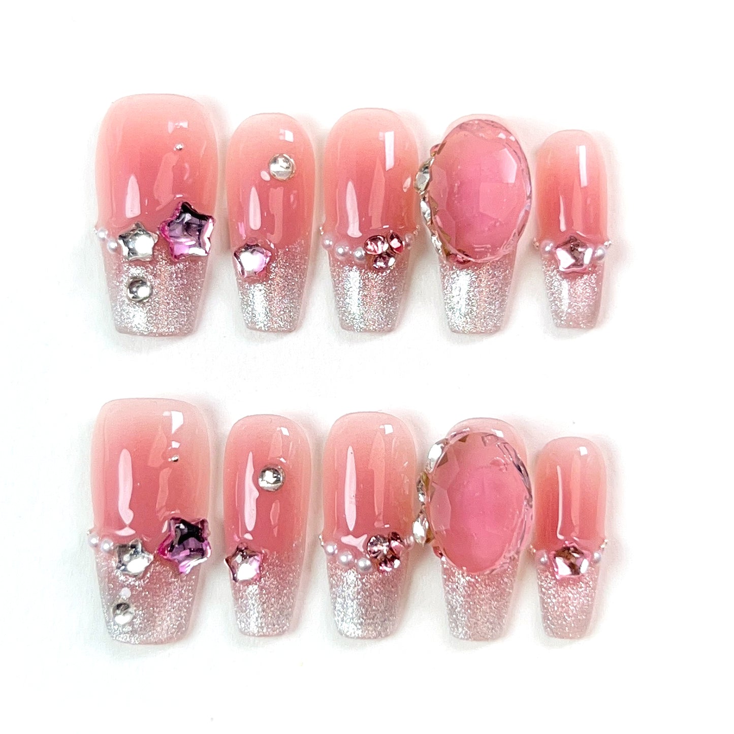 Pearl Powder Mid Length 3D Relief Bead Press-on Nails