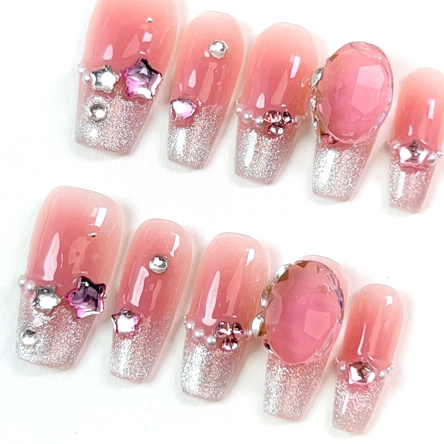 Pearl Powder Mid Length 3D Relief Bead Press-on Nails