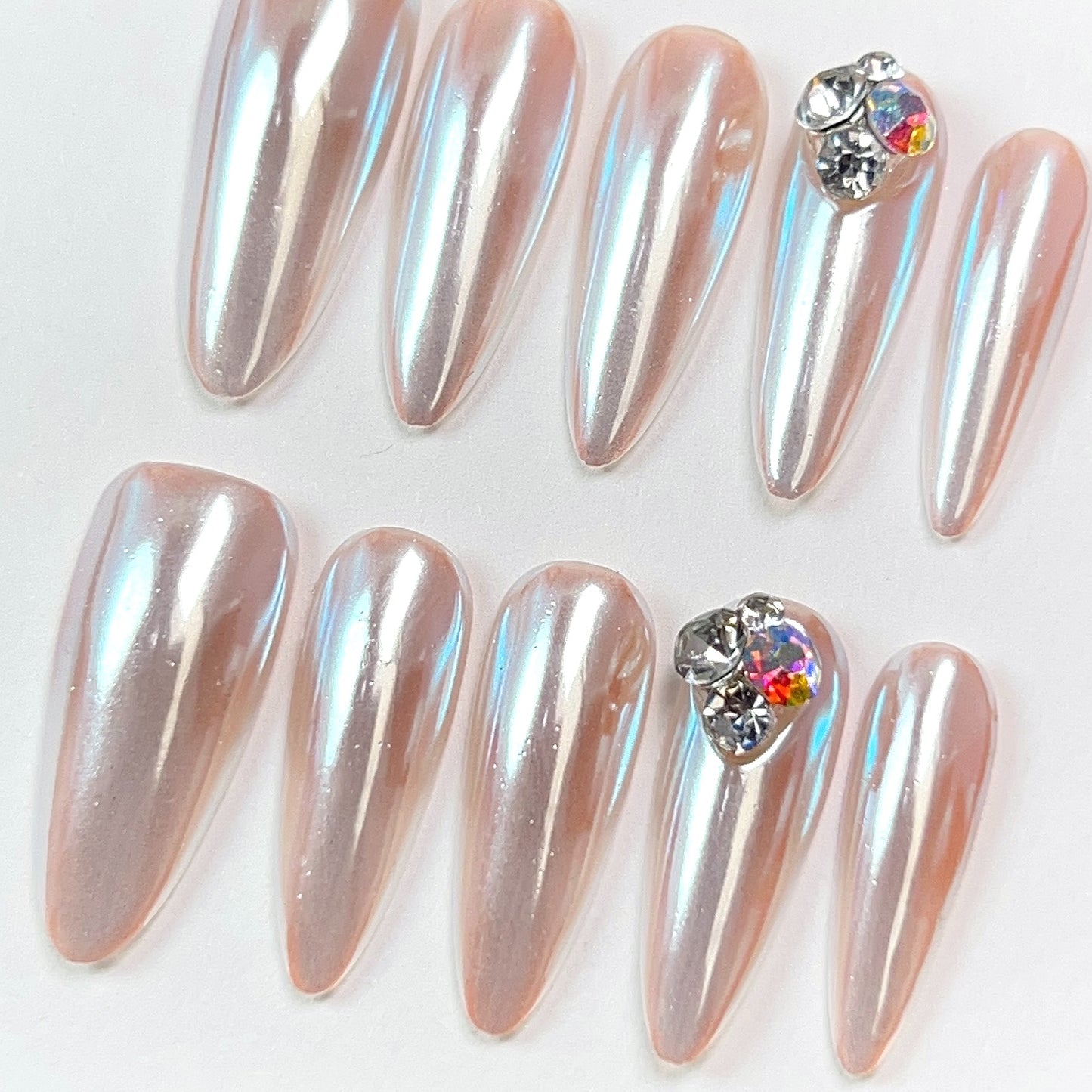 Pink Long Almond French Rhinestone Press-on Nails