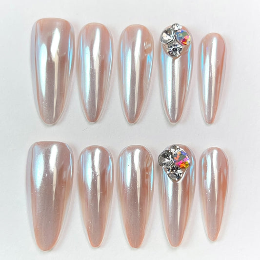 Pink Long Almond French Rhinestone Press-on Nails