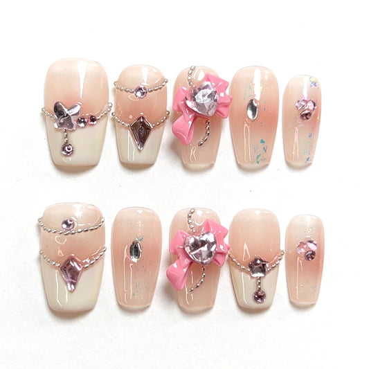 Light Pink Short Solid Rhinestone Press-on Nails