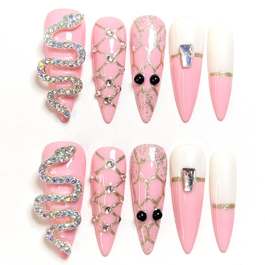 Pink Elongated Long Hand-Painted Snake Diamond Press-on Nails