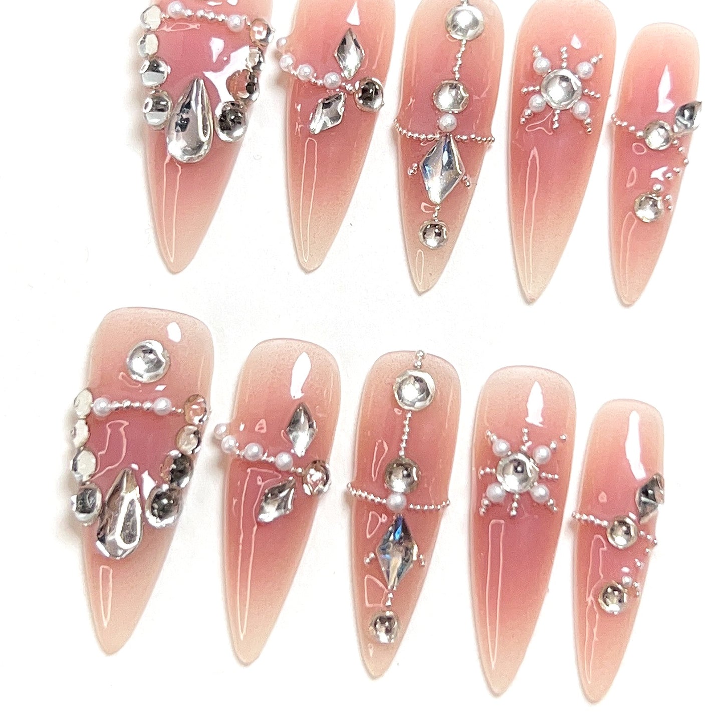 Pink Long Almond Bead Pile Drill Press-on Nails