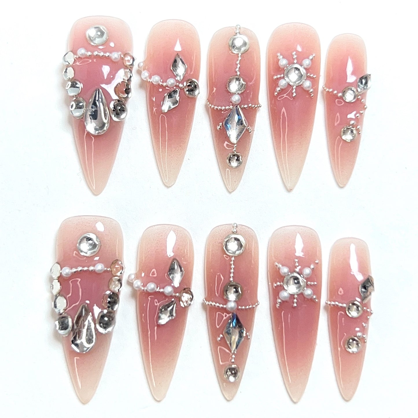 Pink Long Almond Bead Pile Drill Press-on Nails