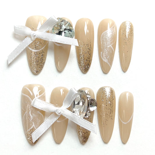 Apricot Long Almond Hand-Painted 3D Ribbon Press-on Nails