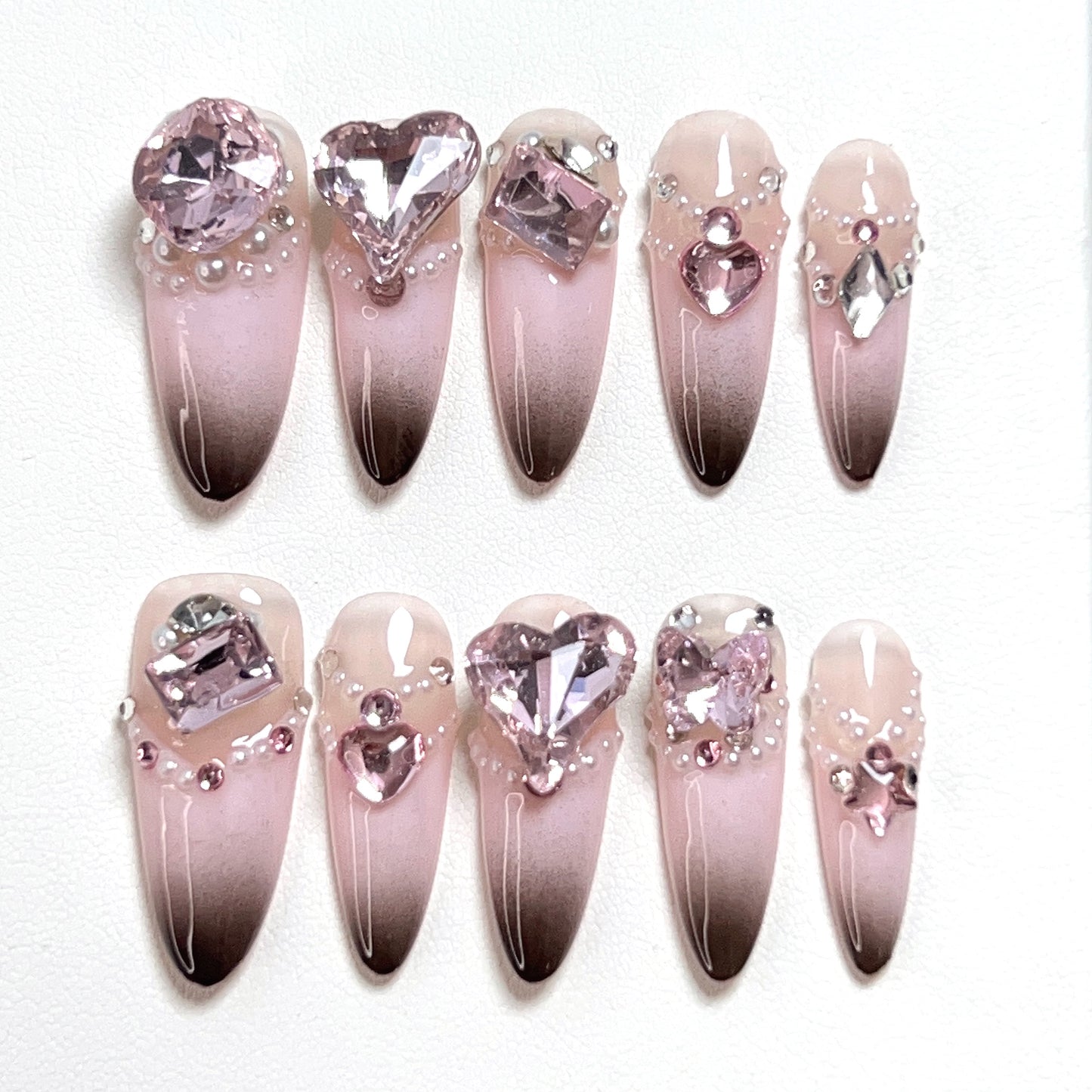 Pink Long Almond Stereoscopic Rhinestones Press-on Nails