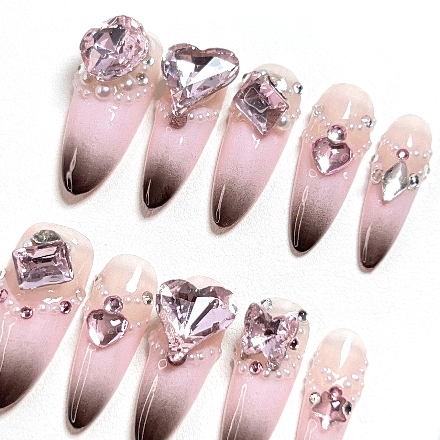 Pink Long Almond Stereoscopic Rhinestones Press-on Nails