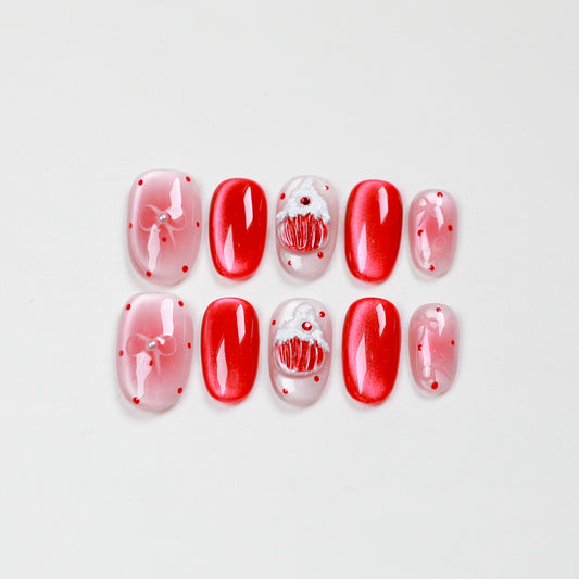 Love Scratch | Red Short Oval Hand Painted Press-on Nails