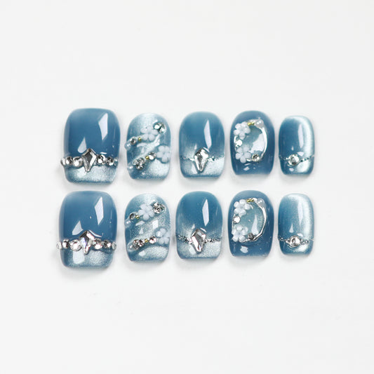 Love Scratch | Blue Short Square Cat Eye Press-on Nails