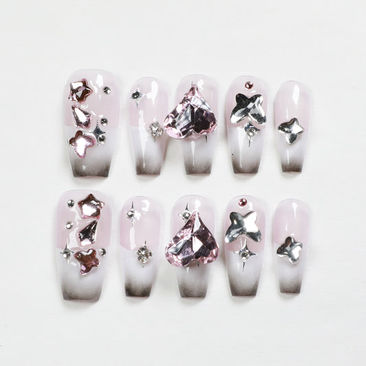 Love Scratch | Pink Mid Length Coffin Diamond Press-on Nails